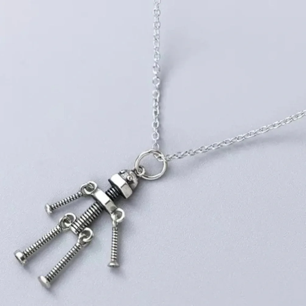 925 Sterling Silver Vintage Screw Robot Pendant Necklace